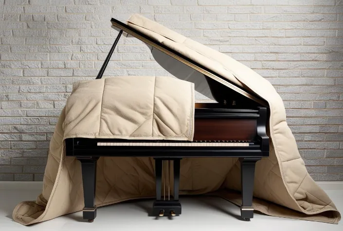 Grand piano covered with a moving blanket
