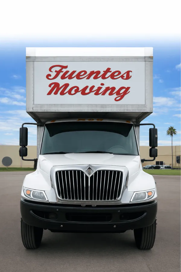 Front view of a Fuentes Moving box truck